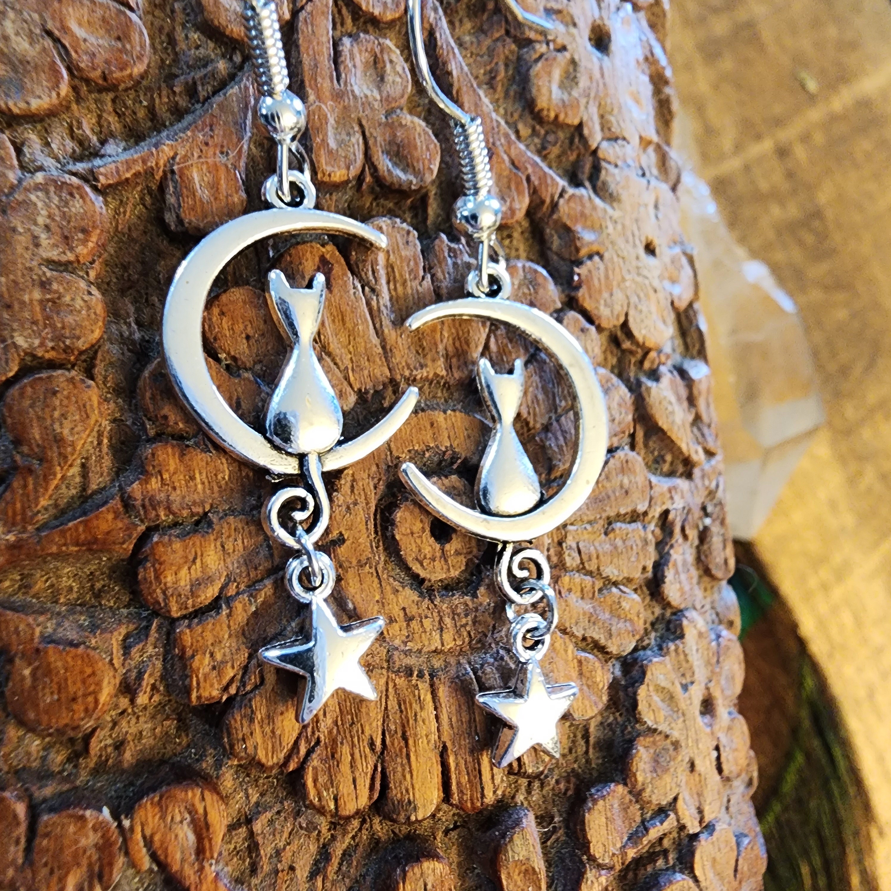 Cat Moon Earrings Witchy Celestial Star Earrings Dangling Kitty Cat Earrings